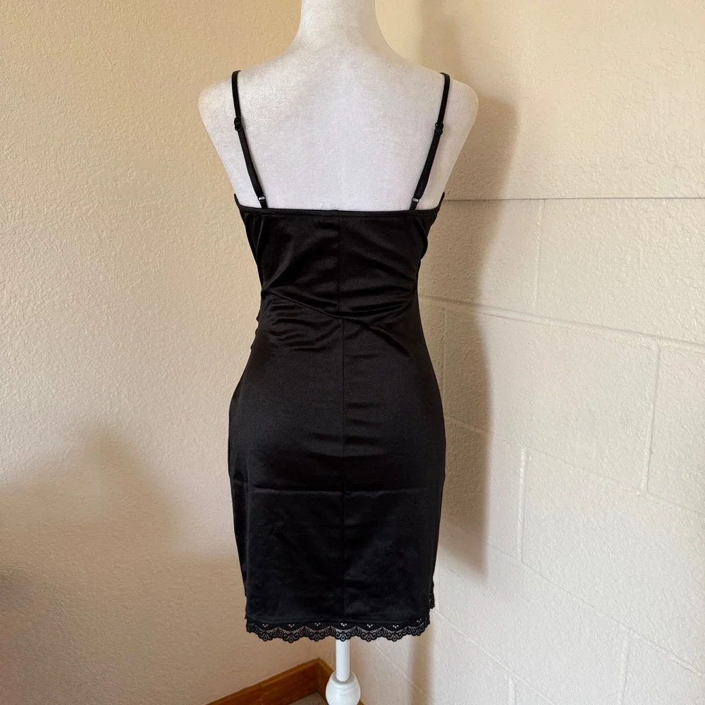 4 Hearts Slip Dress Womens M Black Lace Trim Mini Ruched Satin Cocktail Glam - Picture 4 of 11